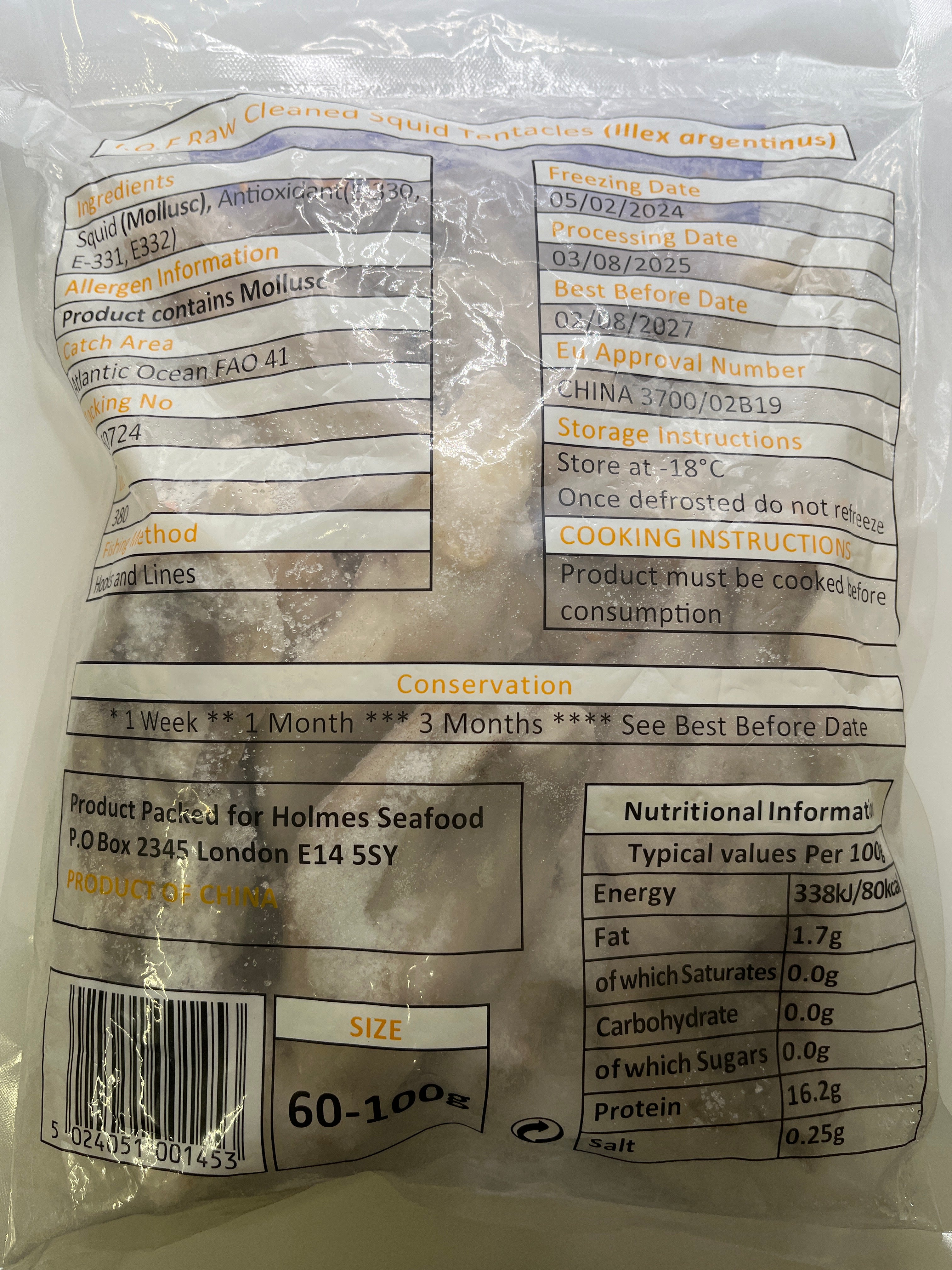 Holmes IQF Squid Tentacles (60-100g per pc) Net 80