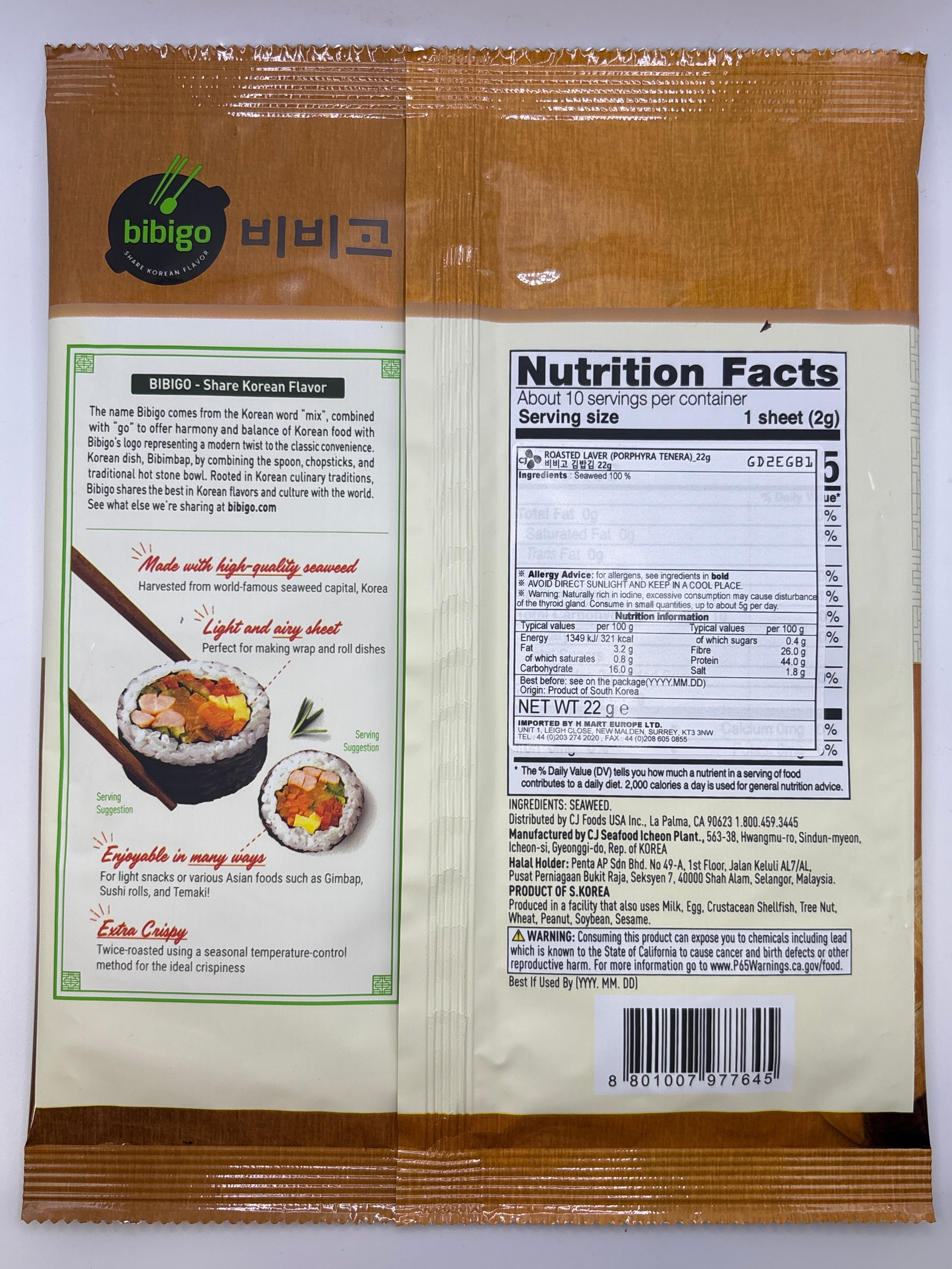 CJ Bibigo Roasted Seaweed for Kimbap 22g (10 Sht)